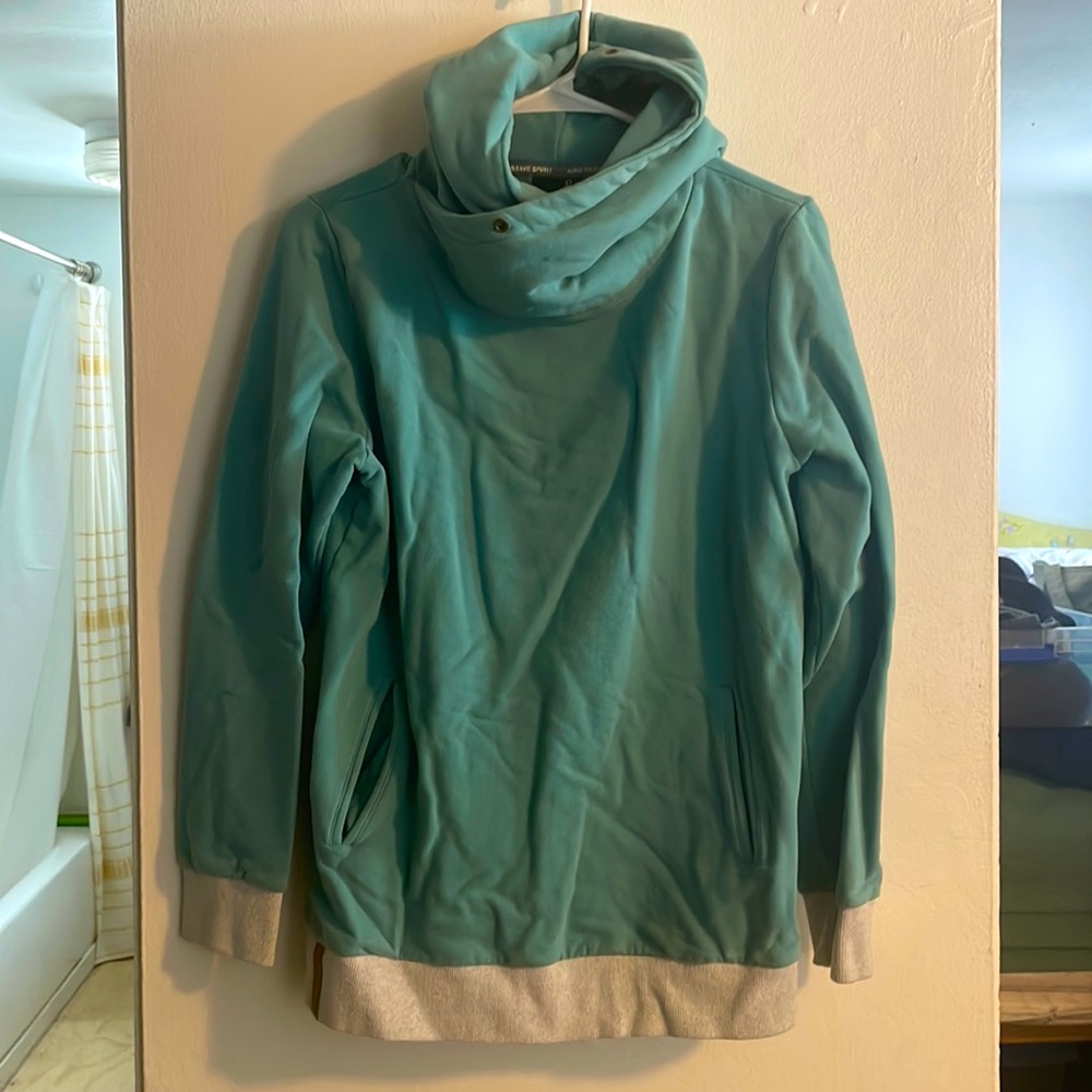 High neck Womens teal hoodie with pockets